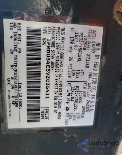 1997 Ford Explorer из США, поврежденный, VIN 1FMDU34E5VZC35411